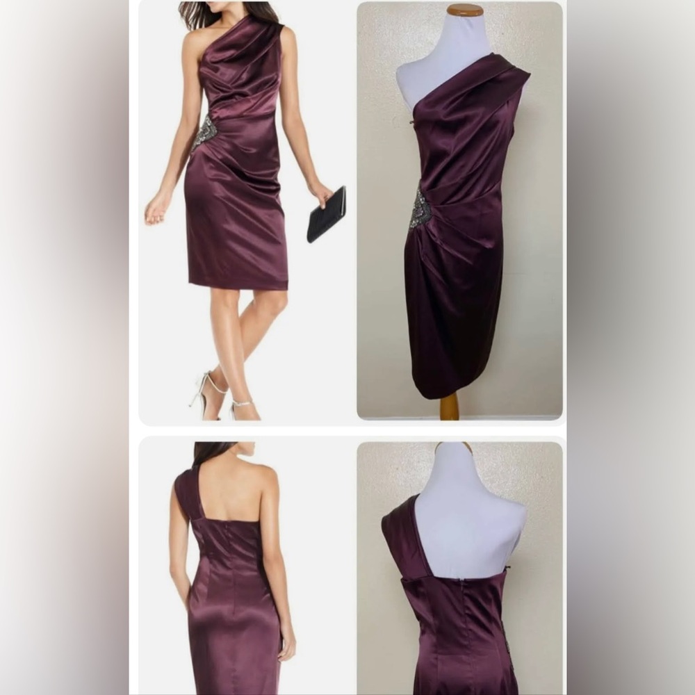 Eliza J One Shoulder Satin Stretch Formal Dress Size 6 Beaded Eggplant Purple